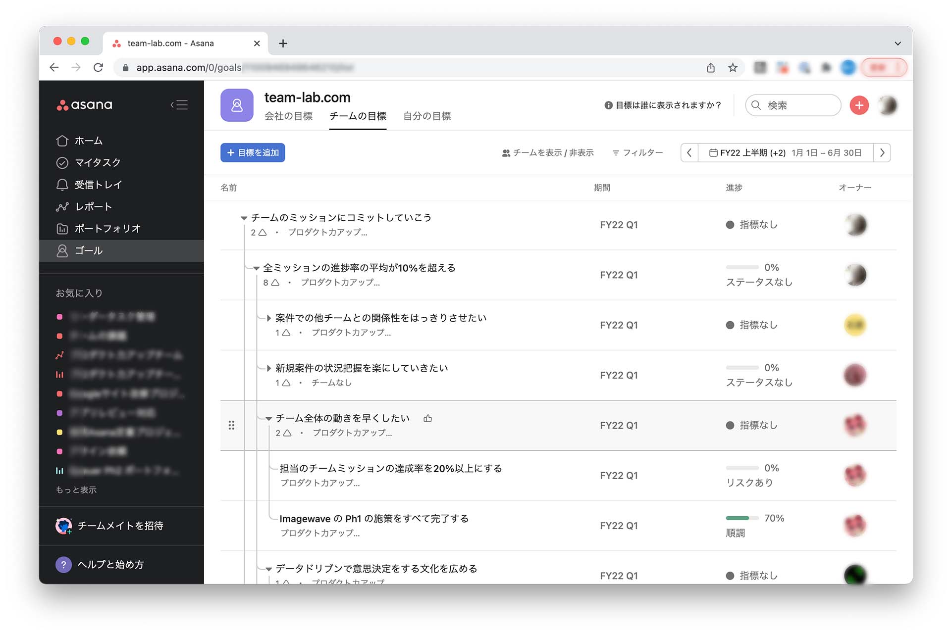 チームラボのAsana管理画面